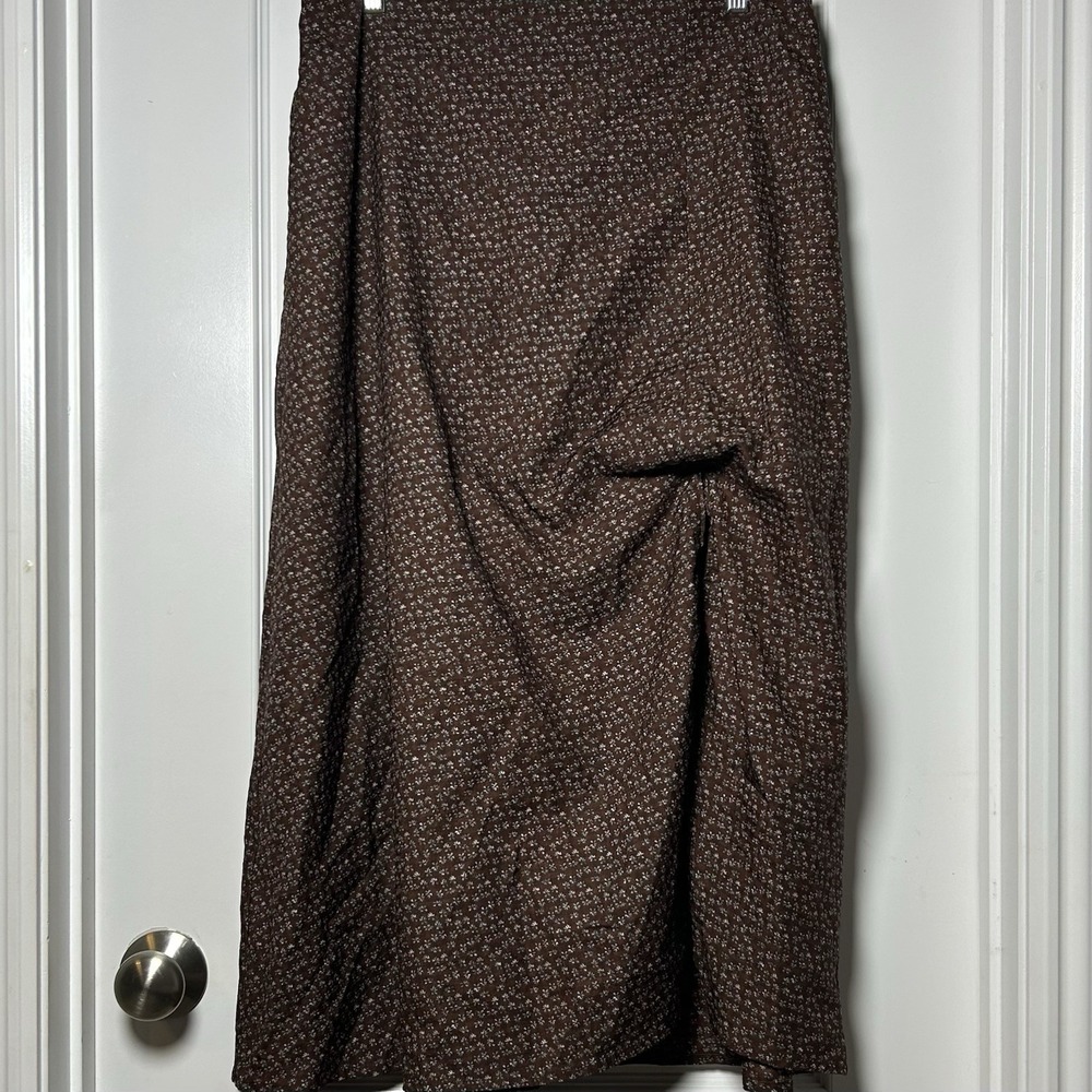 VICI Chocolate Brown Ditsy Floral Ruched Side Slit Midi Skirt Dark Boho Style